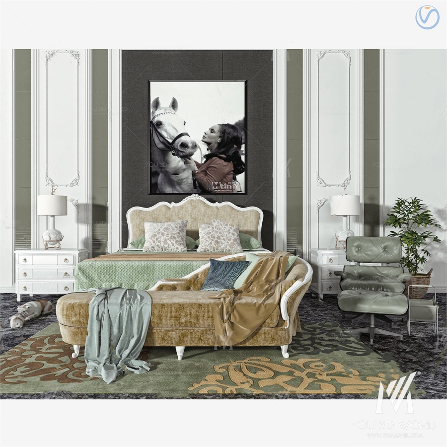 European light luxury double bed 3d model